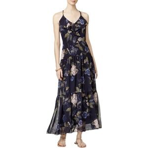 MSK ~‎ Navy Floral Chiffon Ruffle V-Neck Drop Waist Tiered Maxi Gown 12